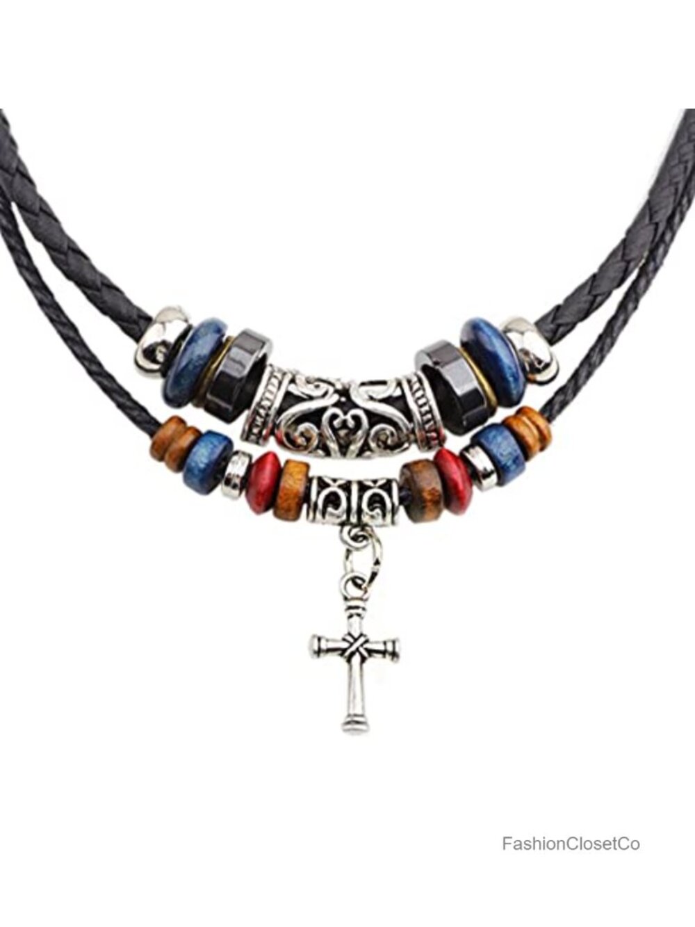 Braided Leather Necklace Double Layers Cross Pendant Adjustable Lobster Clasp